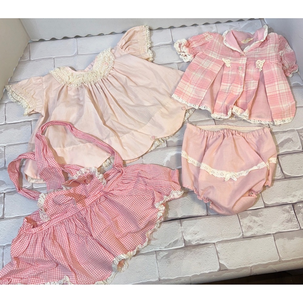 Vintage Baby Girl 4pcs Pink Lace Dresses, Jacket, & Bloomers- Wee Winnie & Bryan